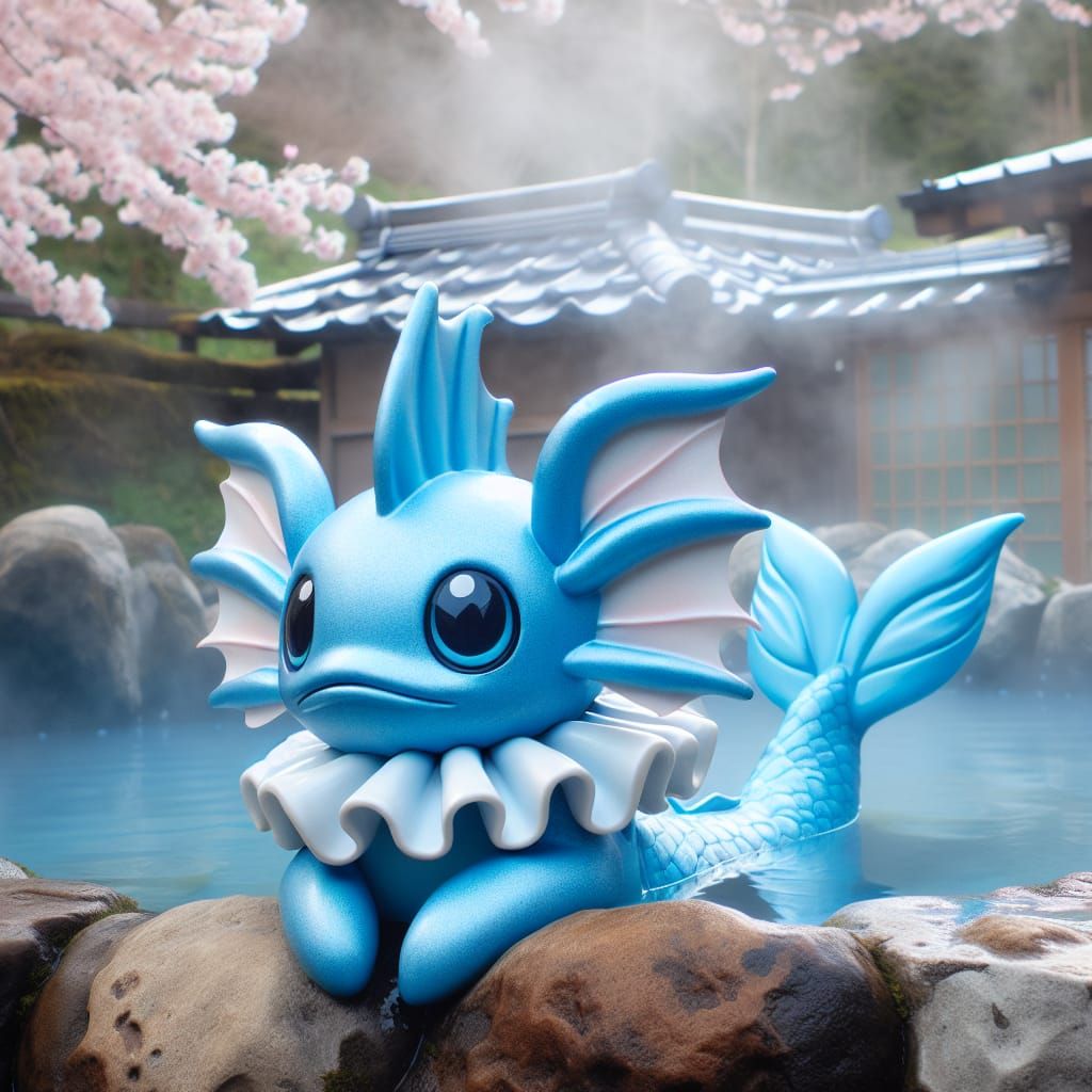 A Vaporeon from Pokémon, relaxing in a japanese hot spring.