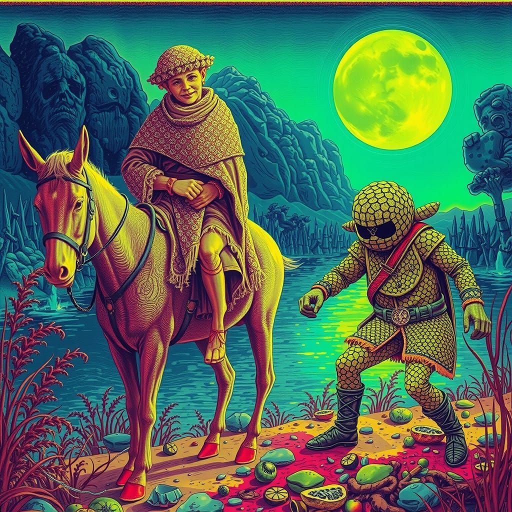 Glowing Medieval Travelers Encounter Cosmic Beings in a Frui...