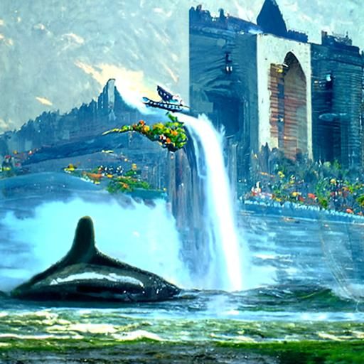 a whale flying above a floating city with waterfalls and gre...