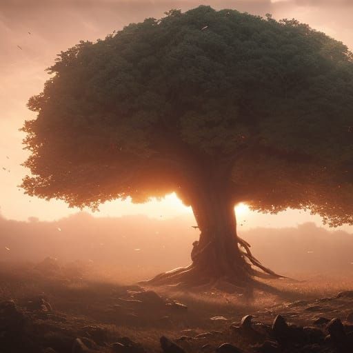 sturdy tree in a battlefield at sunrise