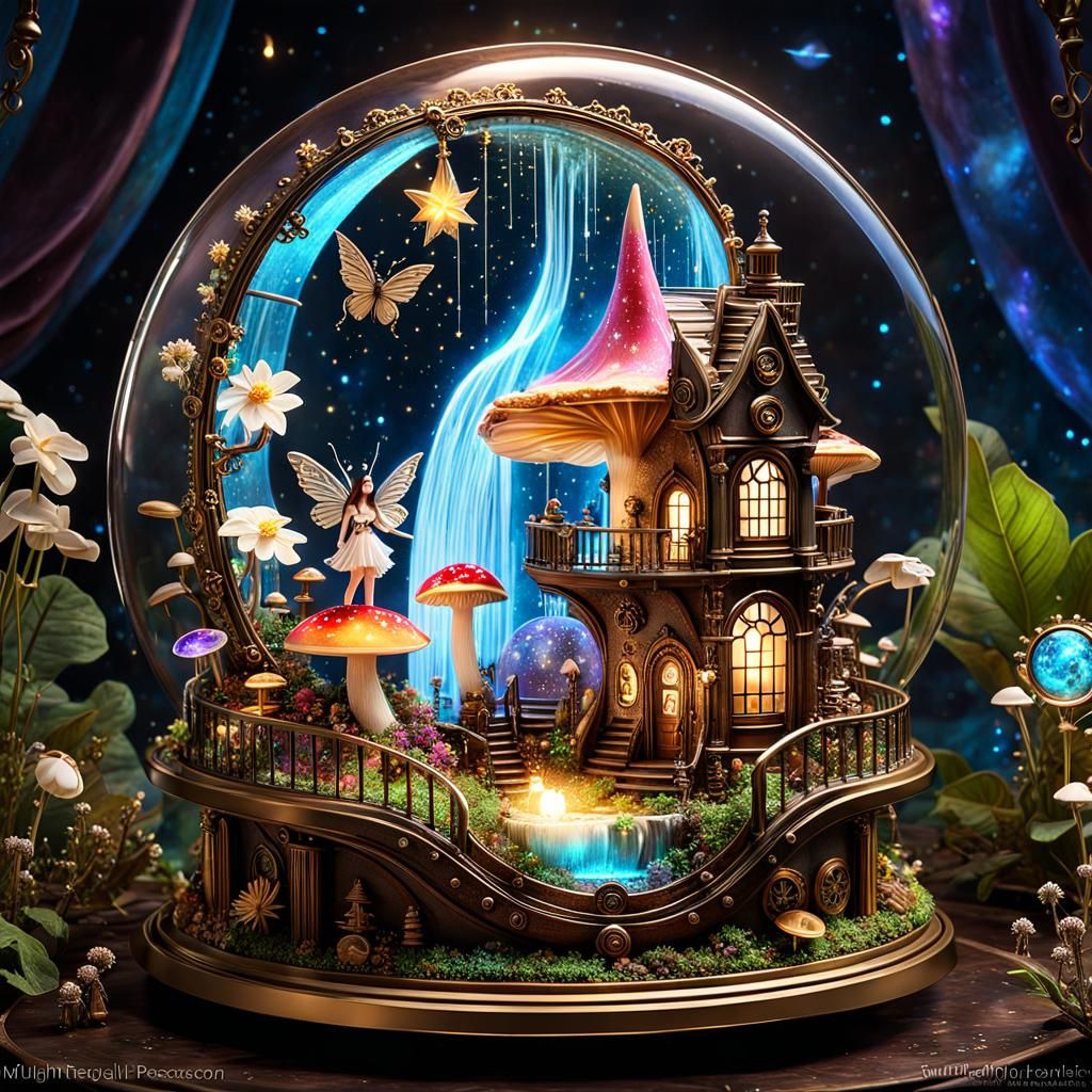 A beautiful steampunk tiny fairy workshop, in a glass slice of pie, with oue crust, with stars, planets, ...  by @Summerchild