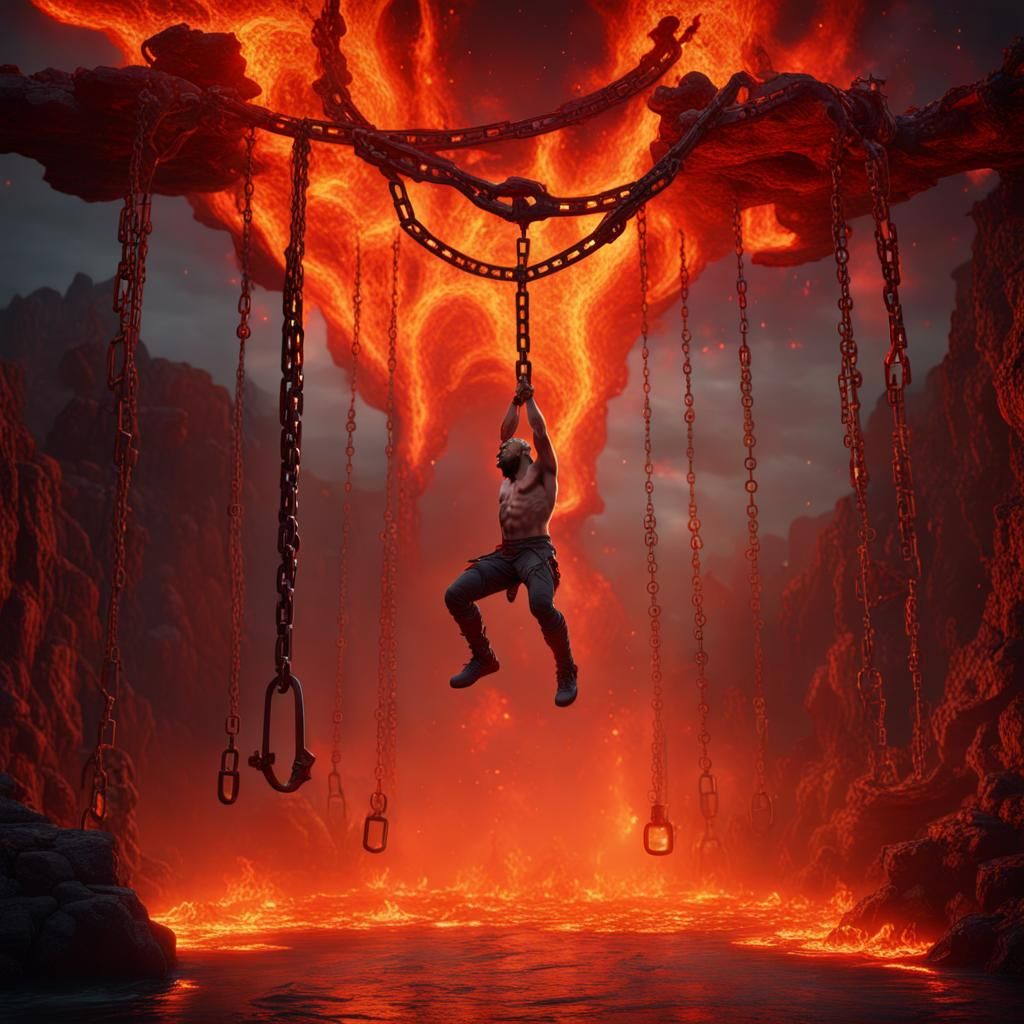 A man hanged in the air with iron chains above a pool of lav...