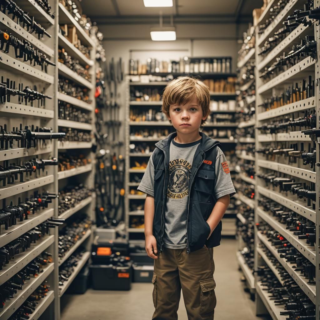 Little boy, in a weapon room