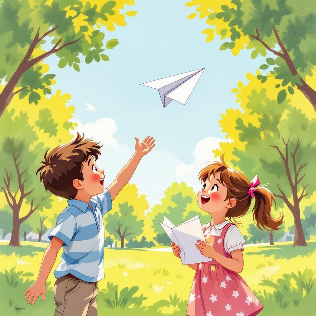 Children Play With Paper Airplanes in Sunny Park