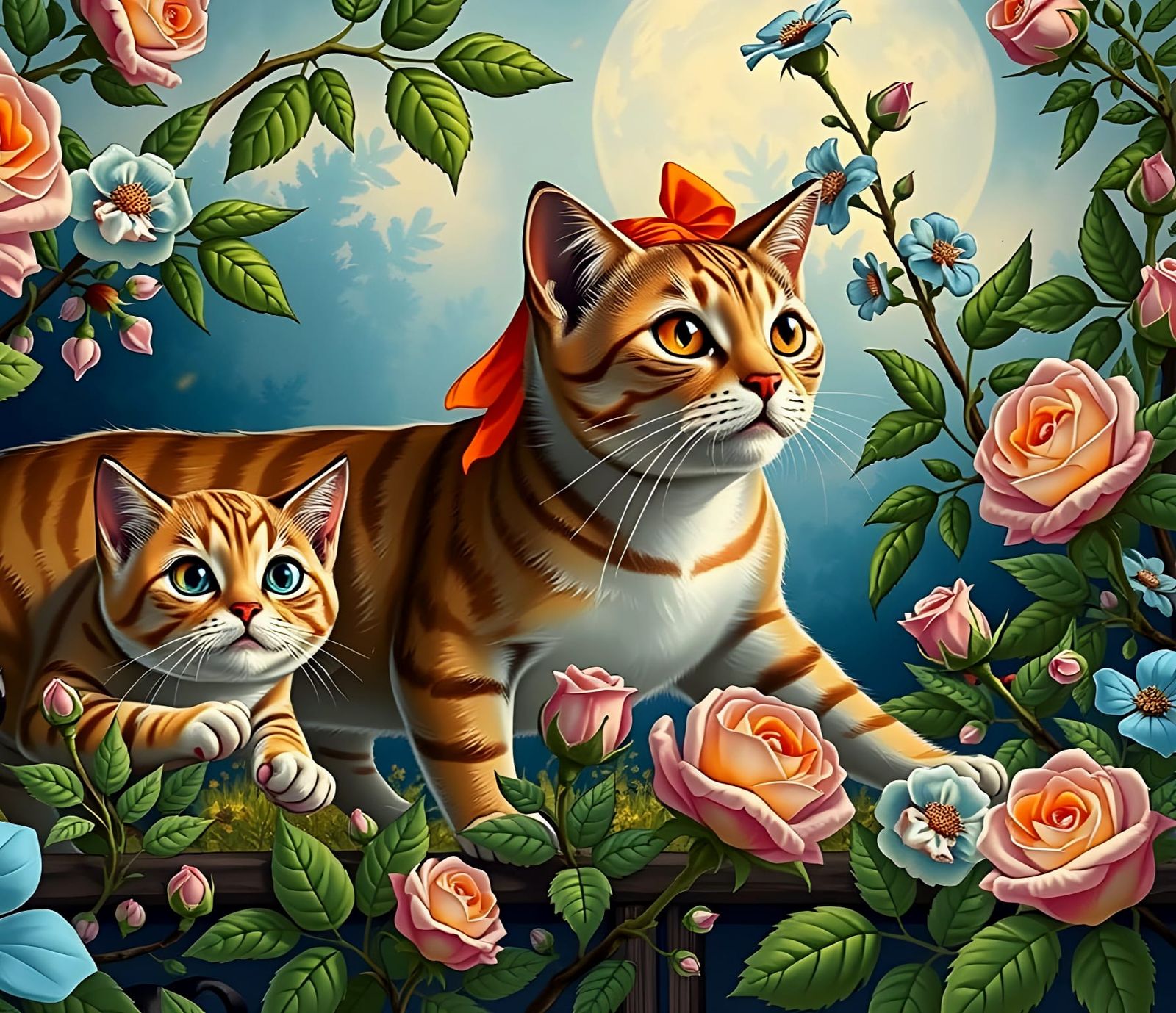 Enchanting Cats in a Rose Garden Storybook Illustration