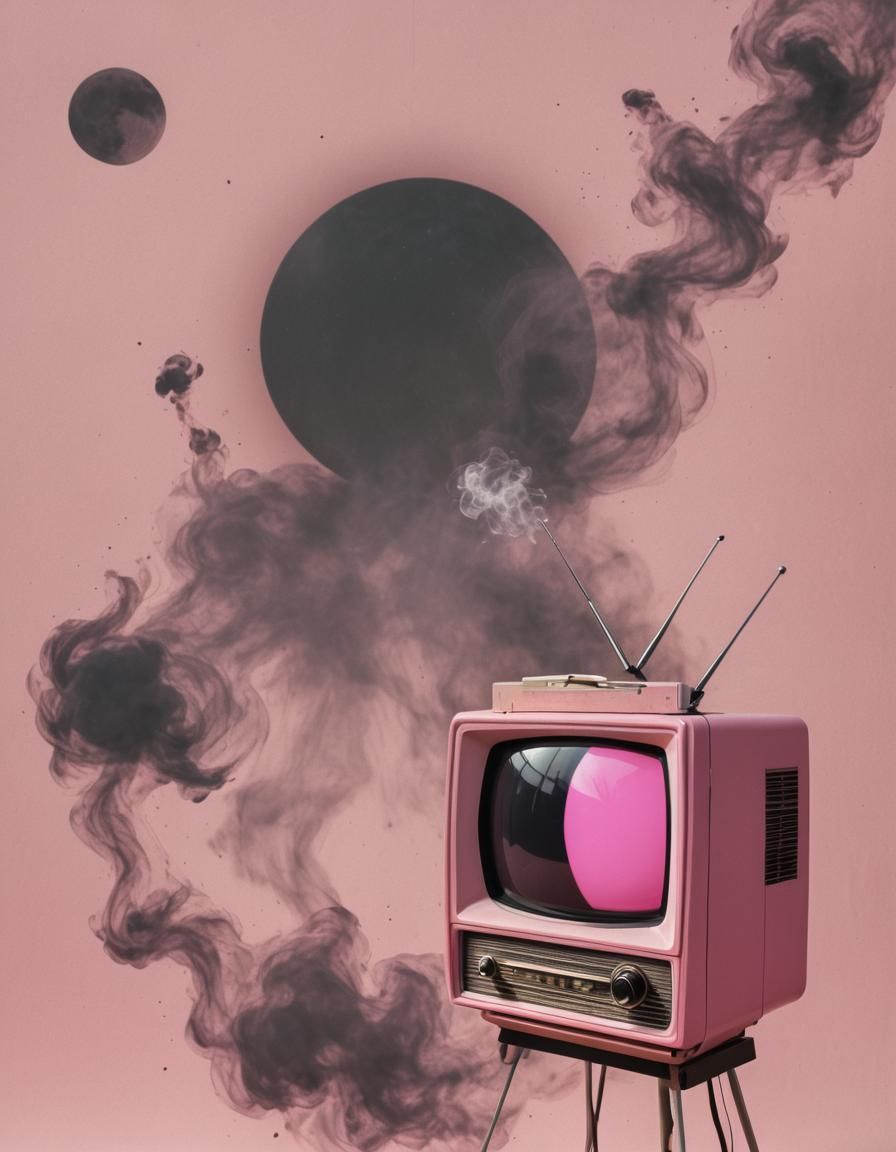 Vintage pink television with solar exlipse, smoke,  simple, ...