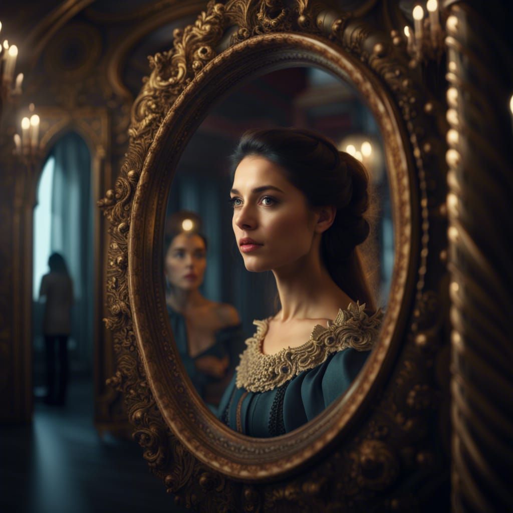 gorgeous brunette woman looking at herself in a baroque mirr...