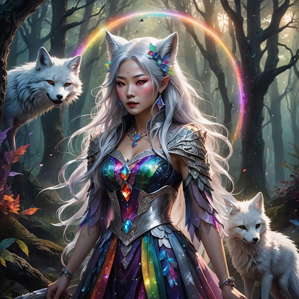 korean lady silver hair rainbow dress rainbow crystals white...
