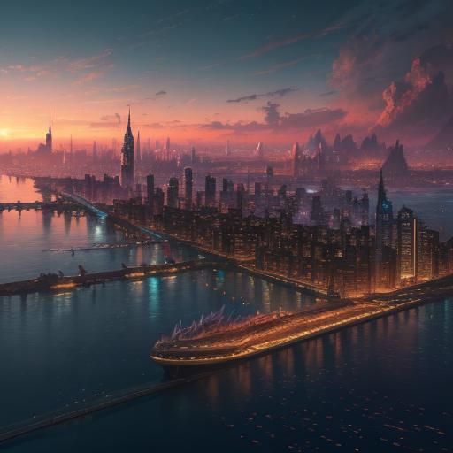 City skyline across the water at sunset,Magnificent Color Co...
