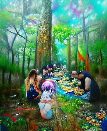 A communal meal in the forest, sharing nature's blessings.  ...