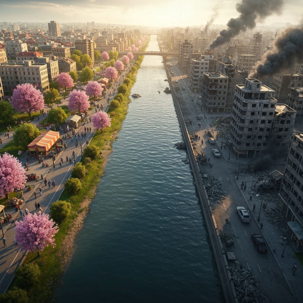 A wide river cutting through the middle of the scene, seen from above. On the left side of the river: a peaceful, colorf...