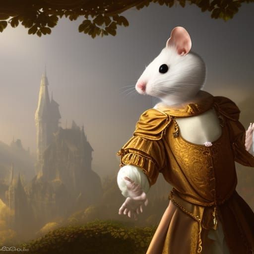a white mouse in Elizabethan costume