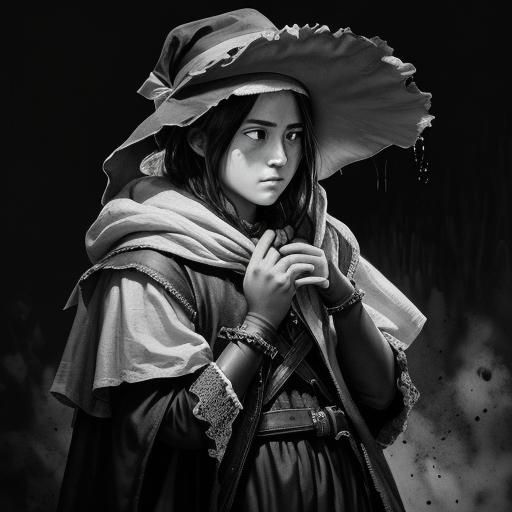 A tired pilgrim  in the style of dramatic black and white po...