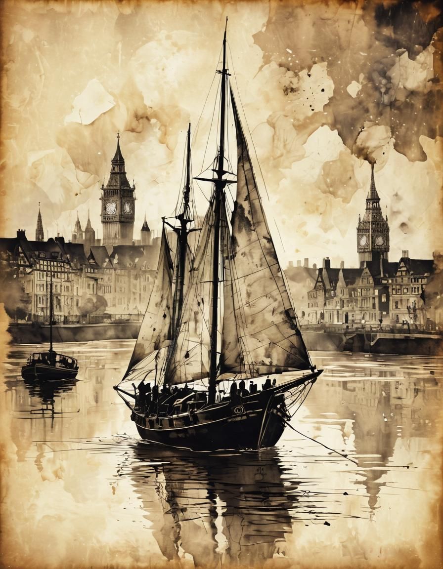 RIVER LONDON SAILING Vintage Ink Painting  by @JustBubu