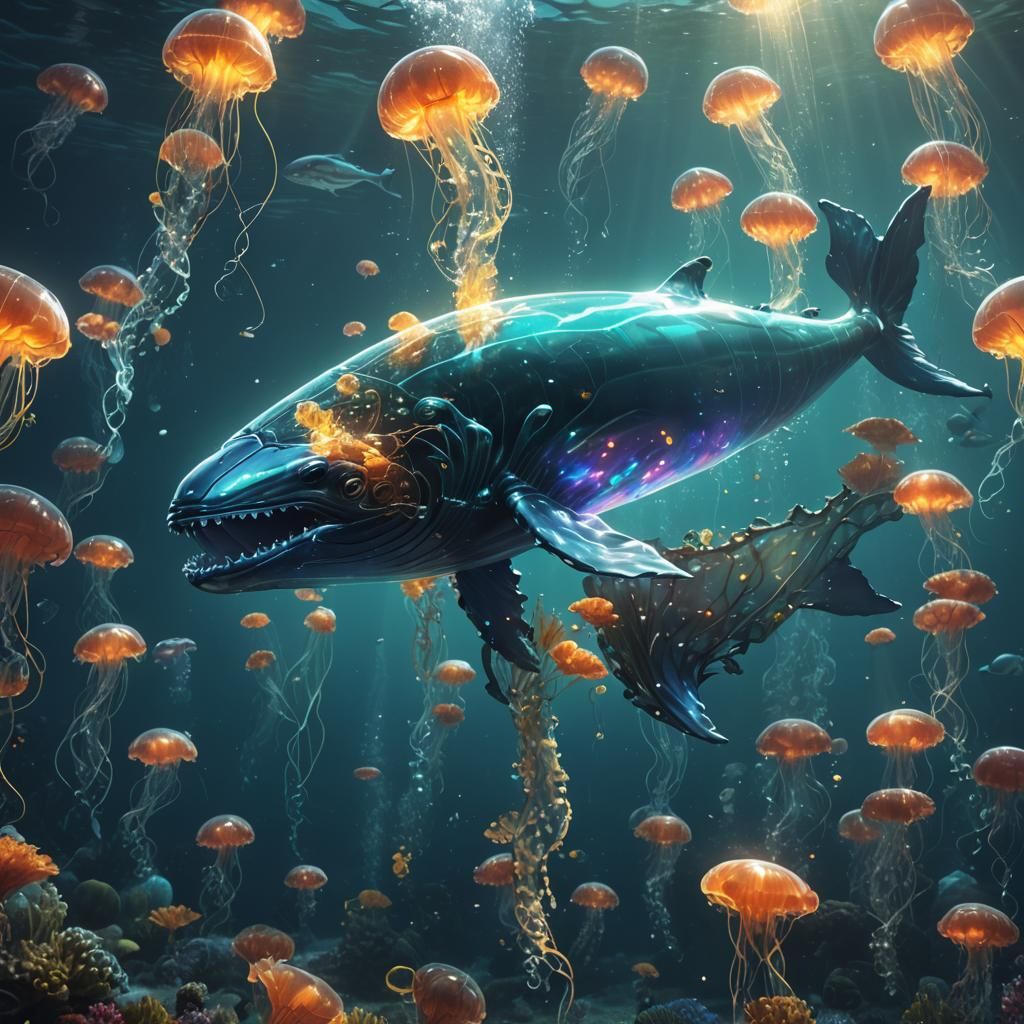 Underwater view of a huge fantastical glowing transparent glass whale swimming in the ocean. Surrounded by glowing jellyfish.