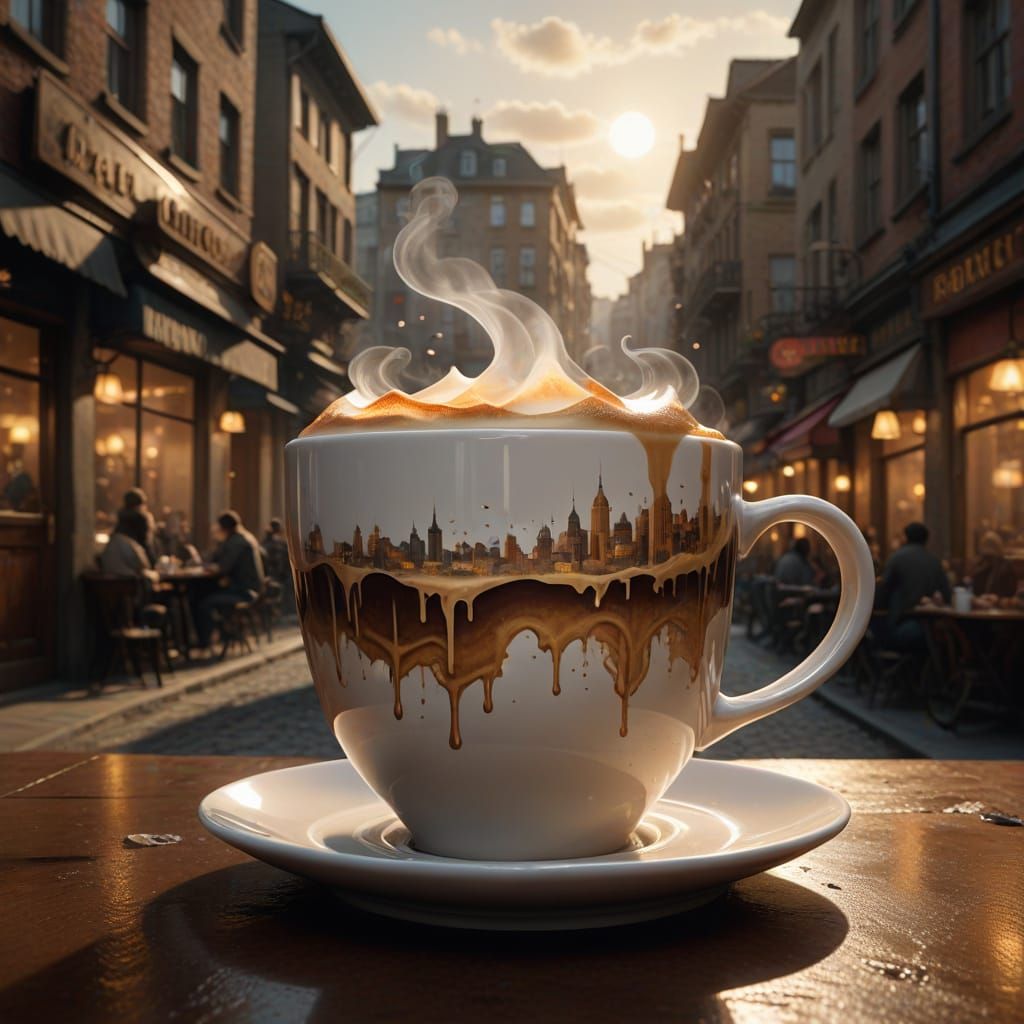 

"Create a surreal, highly detailed digital artwork featuring a colossal coffee cup, approximately 1 kilometer in height, with a tiny city ...