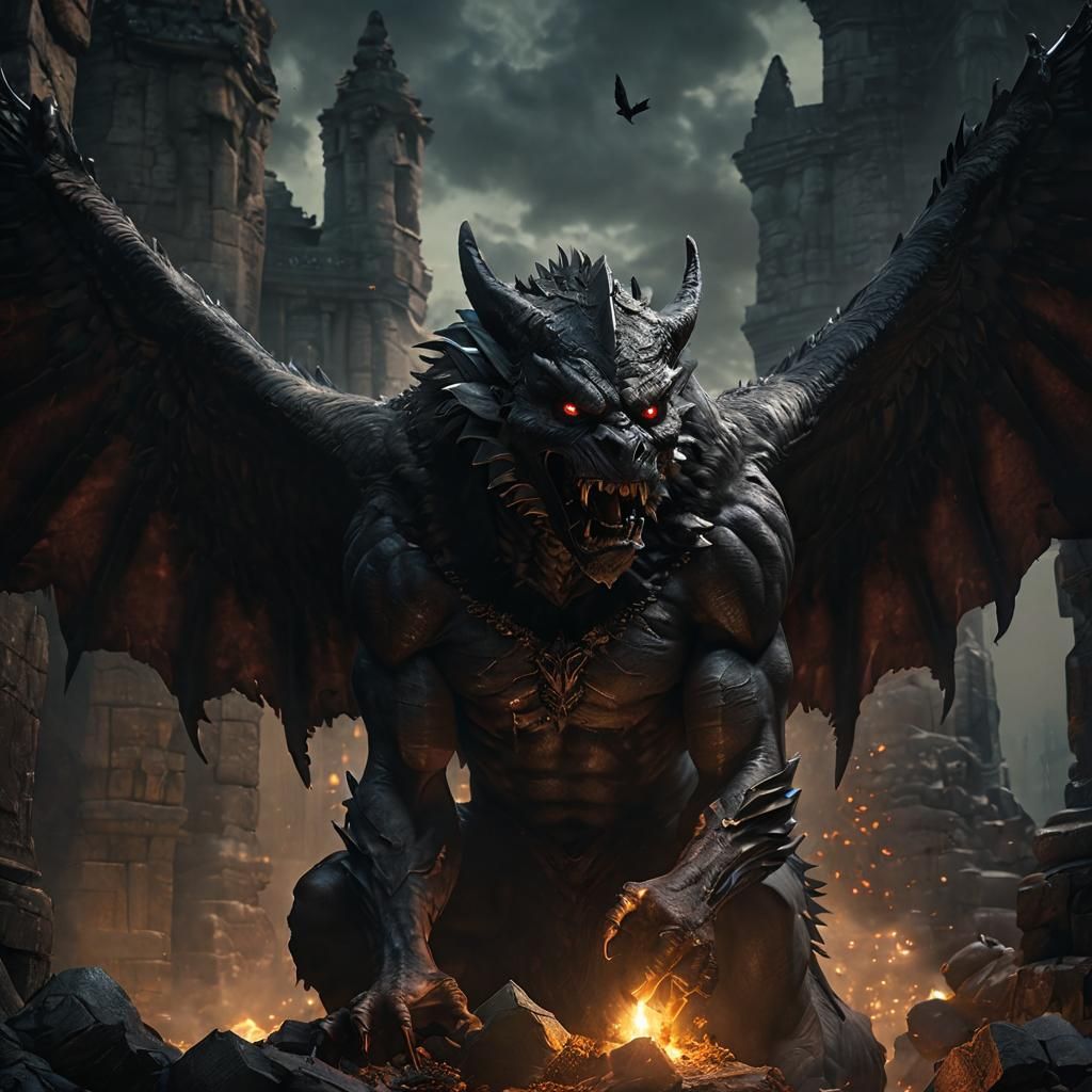 Dark surrealism by Greg Rutkowski. Medium shot. An eerie muscular vampire gargoyle beast with a mix of vulture, demon, and eagle sits on sto...