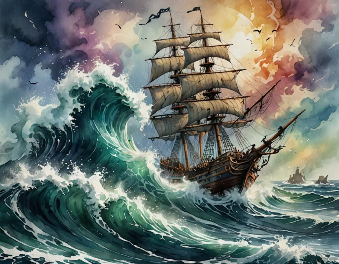 Galleon confronting a giant rogue wave
