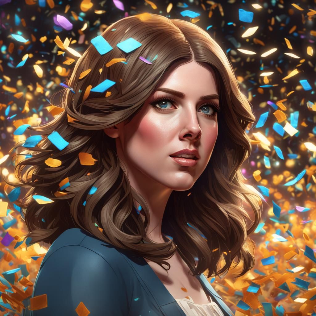 Anna Kendrick winning a game show, confetti, confetti falling from the