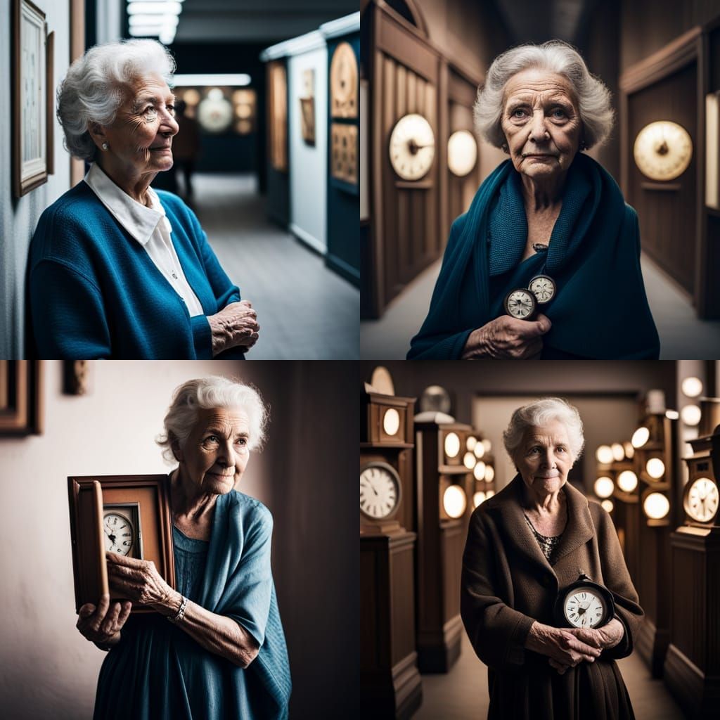 Elderly Woman In A Museum Of Clocks, Holding A Clock, Realistic ...