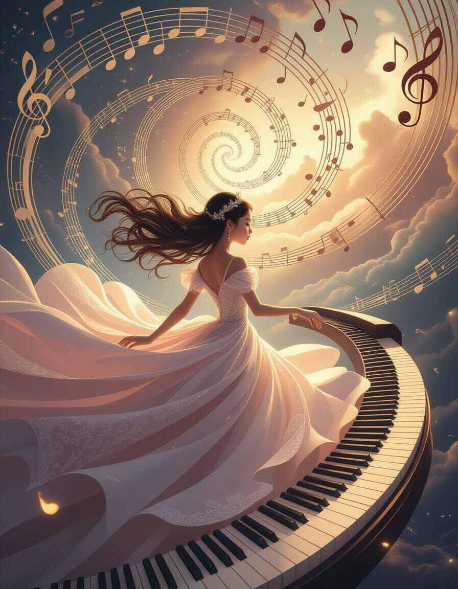 Combine the character in image 1 to play the sky piano in image 2 - Start Image 2