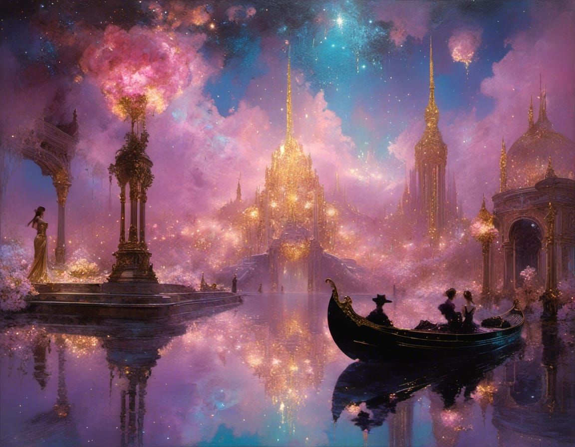 <lora:Otherworld:1.0> holographic pastel pink galactic art nouveau rococo architecture city in the clouds awestruck wonder neo-impressionism...