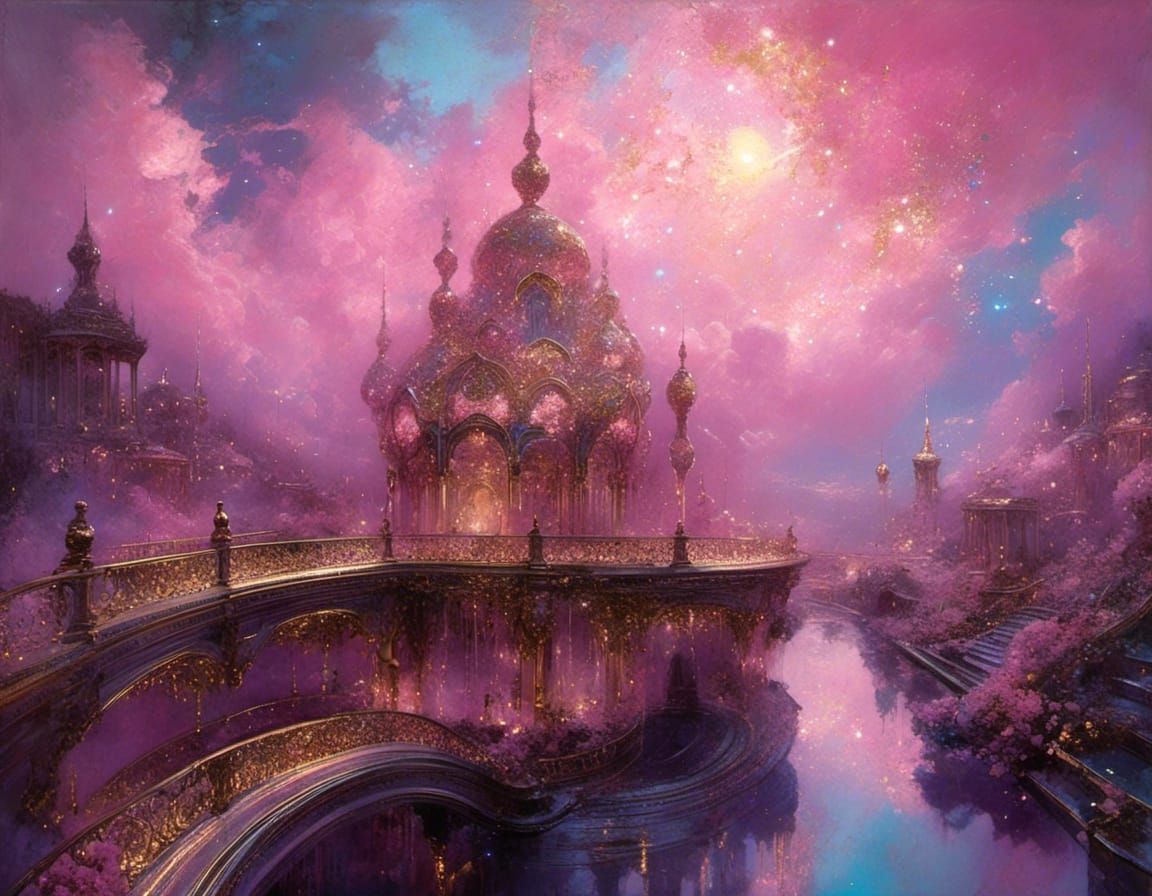 <lora:Otherworld:1.0> holographic pastel pink galactic art nouveau rococo architecture city in the clouds awestruck wonder neo-impressionism...