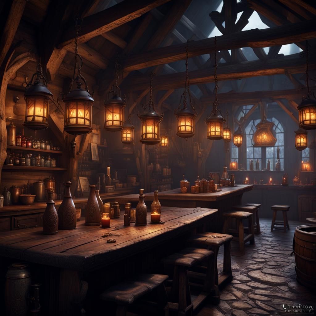 Medieval tavern, dark, lanterns, old orc bartender, food on table, mugs ...