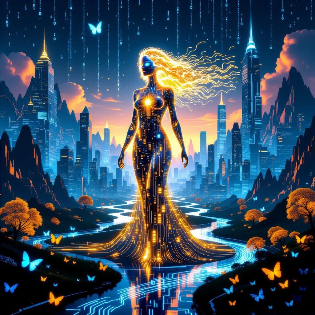 A breathtaking world built entirely from living code, where reality flows as glowing rivers of binary   by @Desertrose