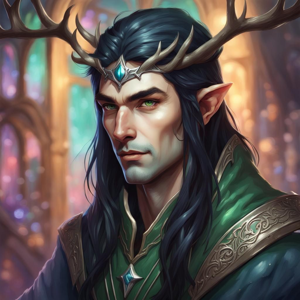 male elf wizard with long black hair, green eyes, blue robes, and ...