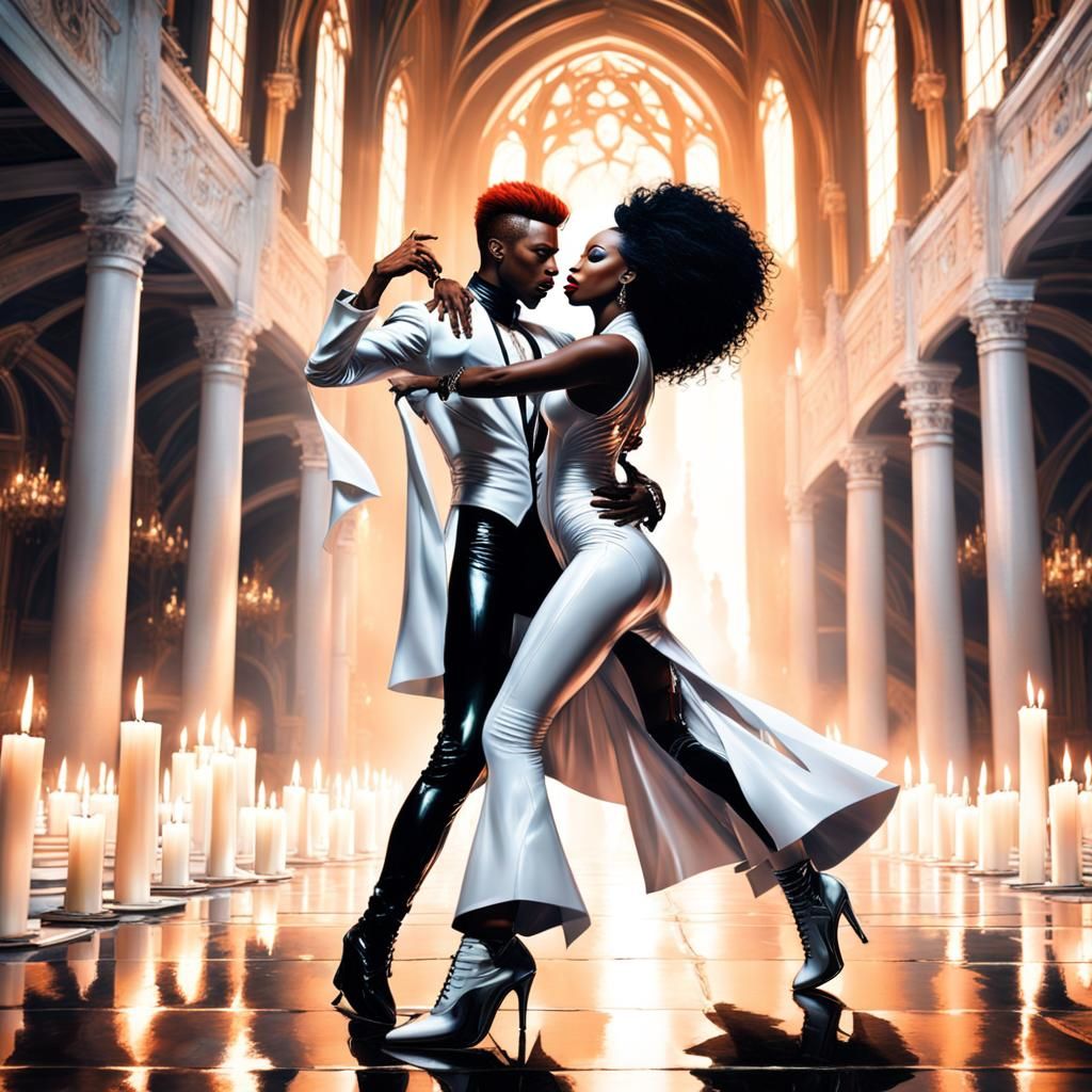 beautiful black girl dressed in white latex dancing in a lar...