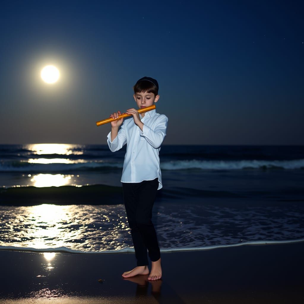 Orthodox Boy Plays Flute on Starry Beach