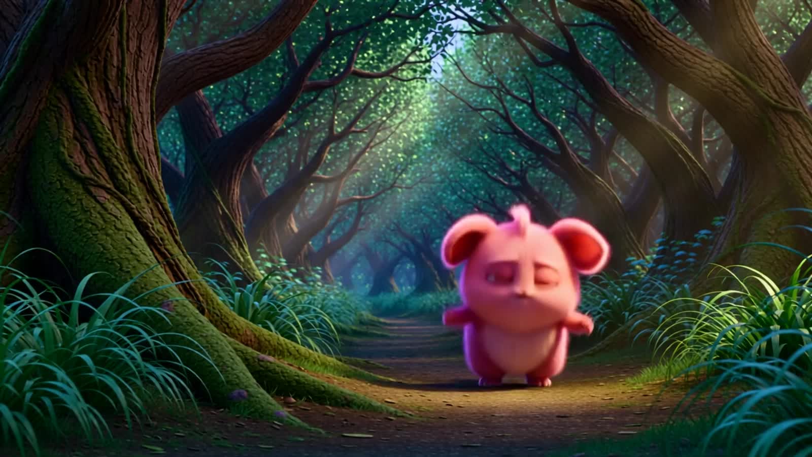 a cute fluffy pink monster walking scared in a scary forest
