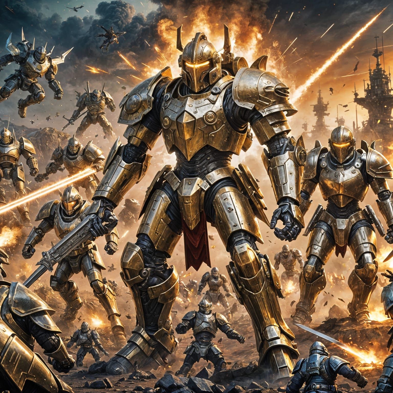 Mechanical warriors engage in an epic battle against mounted knights. Their futuristic golden armor glows ...  by @KomBib