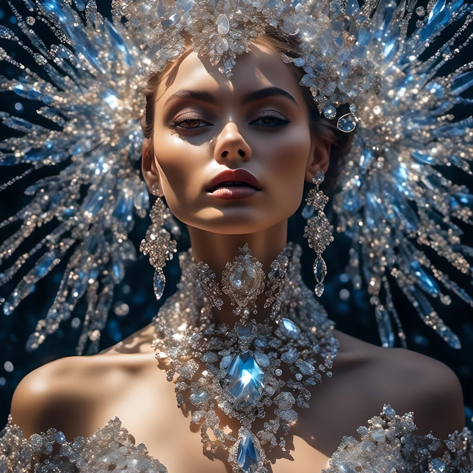 Close up portrait of a beautiful woman wearing an intricate transparent <lora:Cut Crystal:1.0> dress and glowing transparent <lora:Bedazzled...