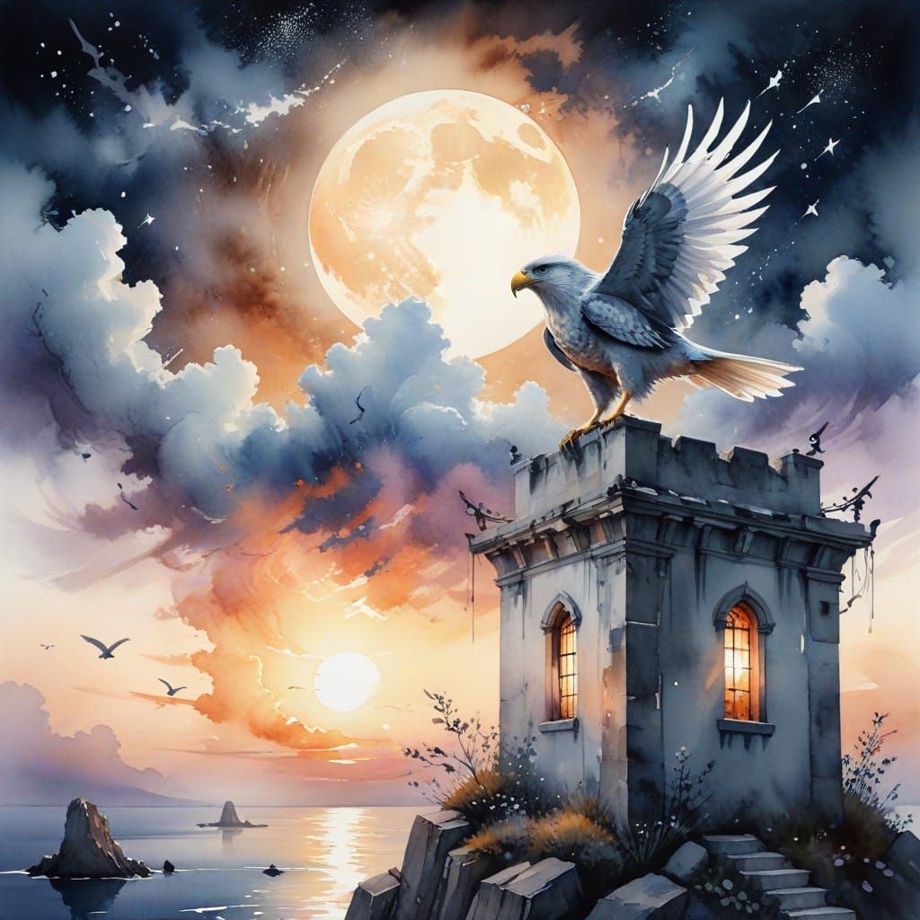 Silver Hawk Watchman Soaring Over Ancient Tower