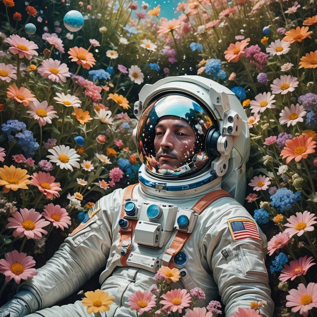 Astronaut in Surreal Flower Garden Reflecting Universe