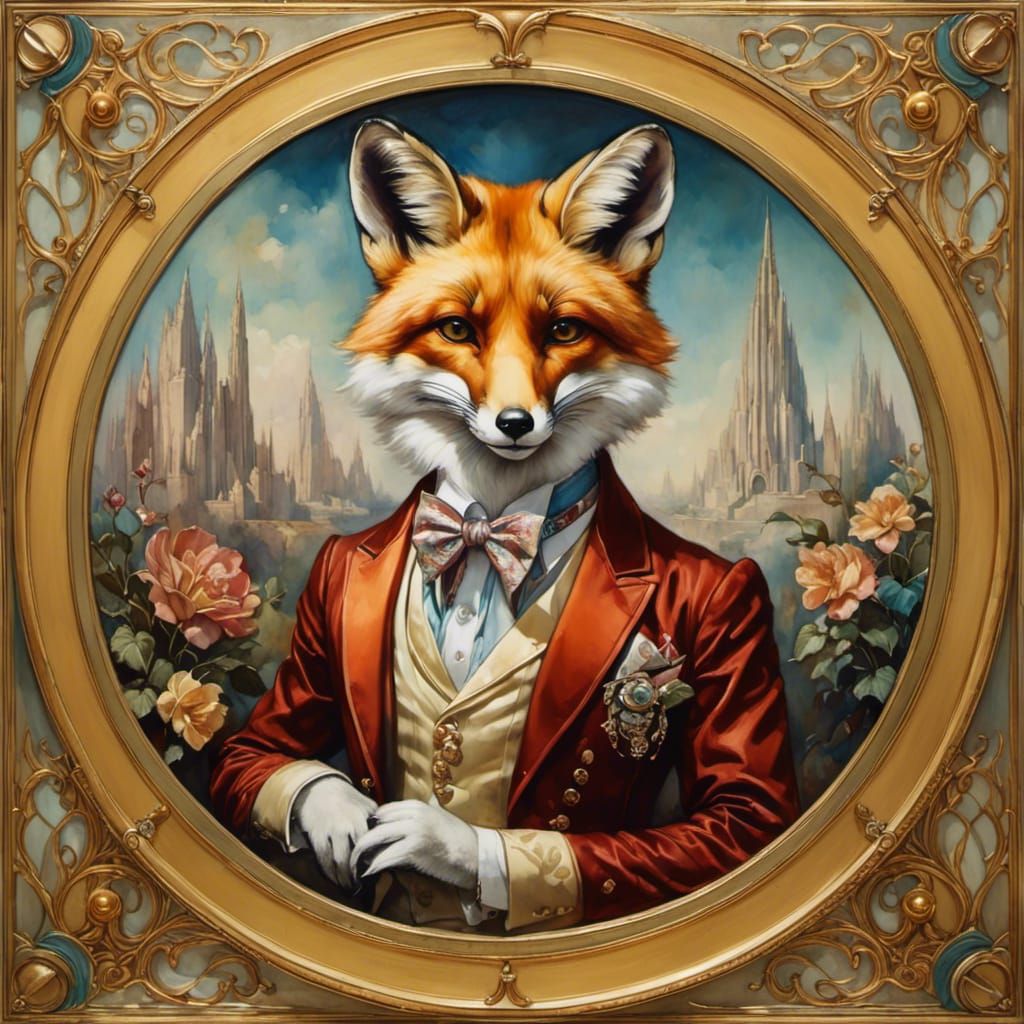 <lora:FairyTails:1.0> Portrait, fancy Anthropomorphic fox, art deco border
