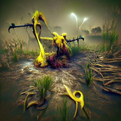 Yellow scythe with diseased, fleshy tendrils in a battlefiel...