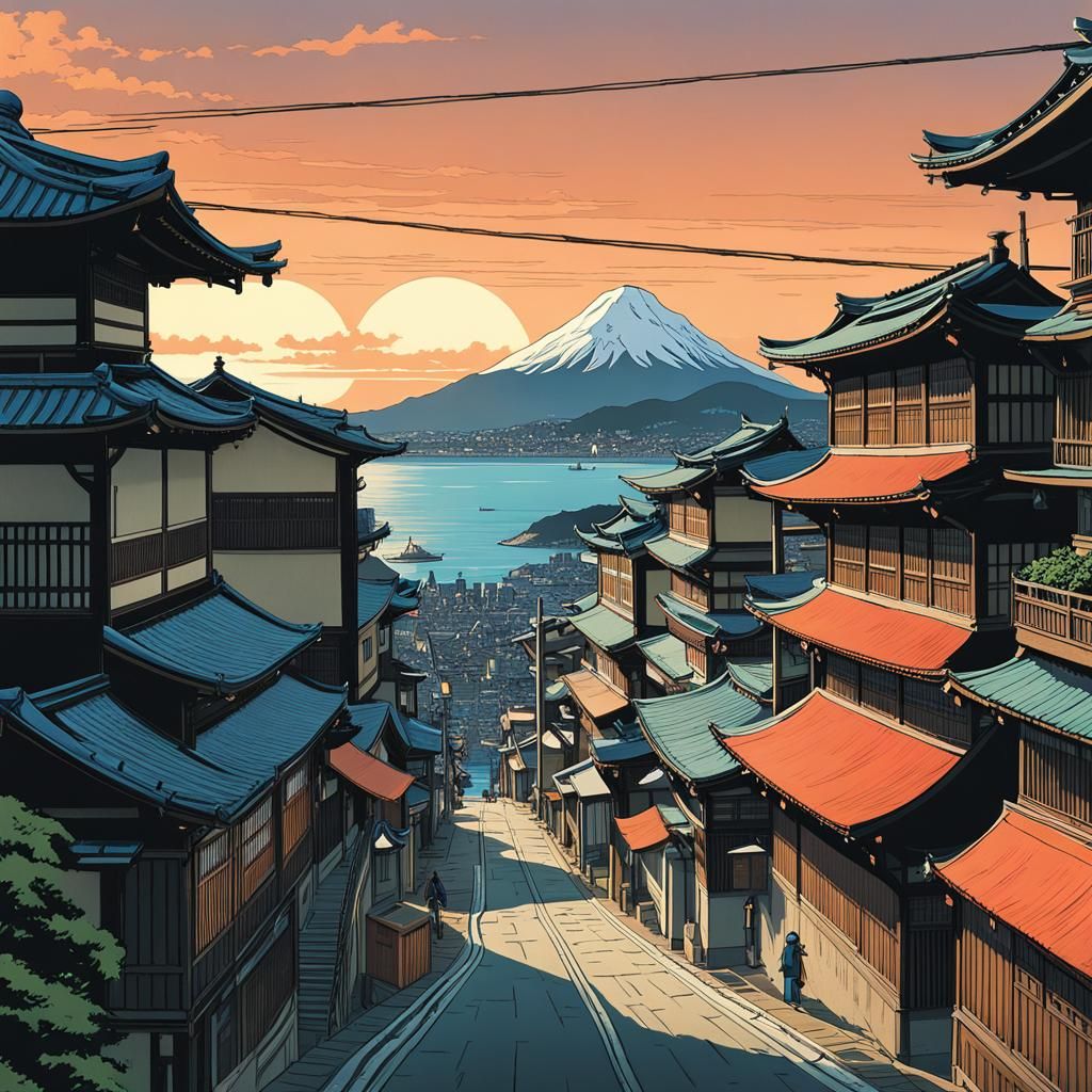 Coastal City in Ukiyo-e Style