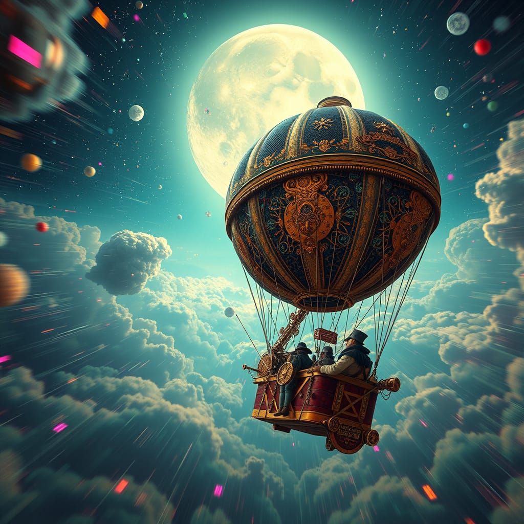 Steampunk Explorer's Cosmic Balloon Ride to the Moon