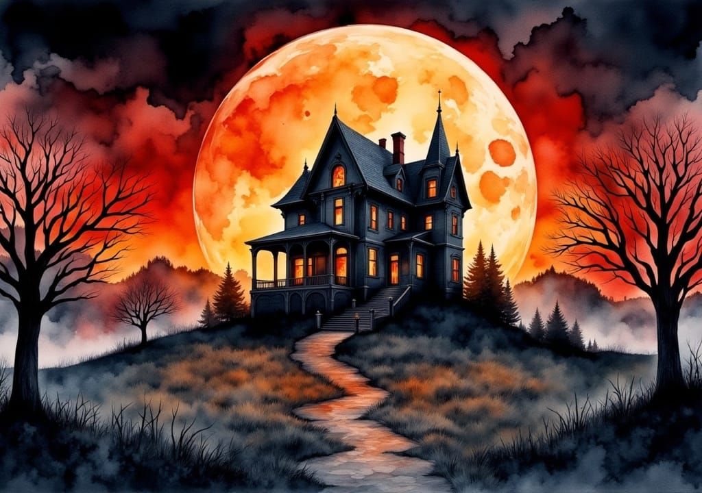 <lora:Watercolor Flux:1.0>Insanely detailed bloodmoon Digital (watercolor:1.8) Illustration of an haunted house summerscape sunset, by JB, W...