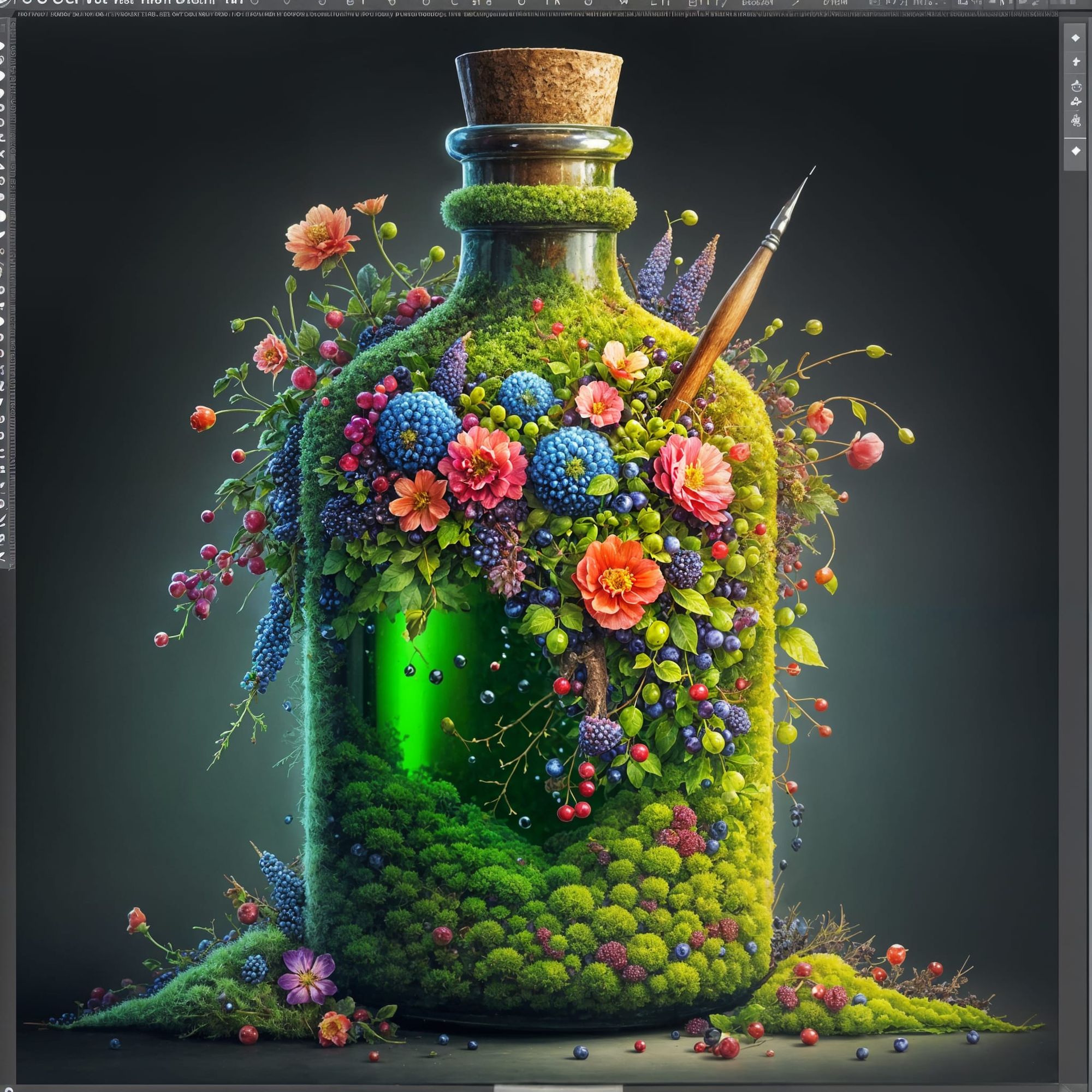 Masterpiece, enchanted BOTTLE covered with moss and flowers, beautiful, hyperrealism, airbrushing. hyperdetailing, macro photography. beauti...
