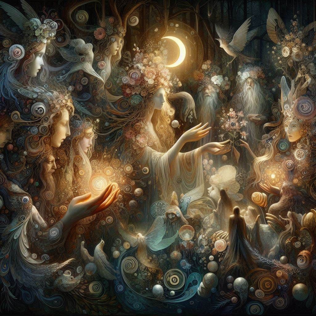 mystical and dreamlike gatherings where witches, spirits, and ancient forces unite under the moonlight. A surreal dance ...