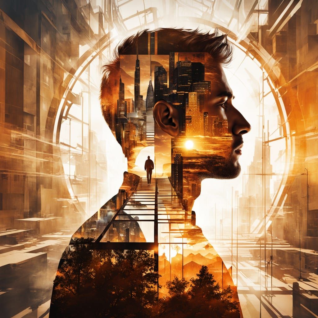 Create an artistic double-exposure portrait with a clean, symbolic, and powerful aesthetic.
Use a single male silhouette facing forward, wit...