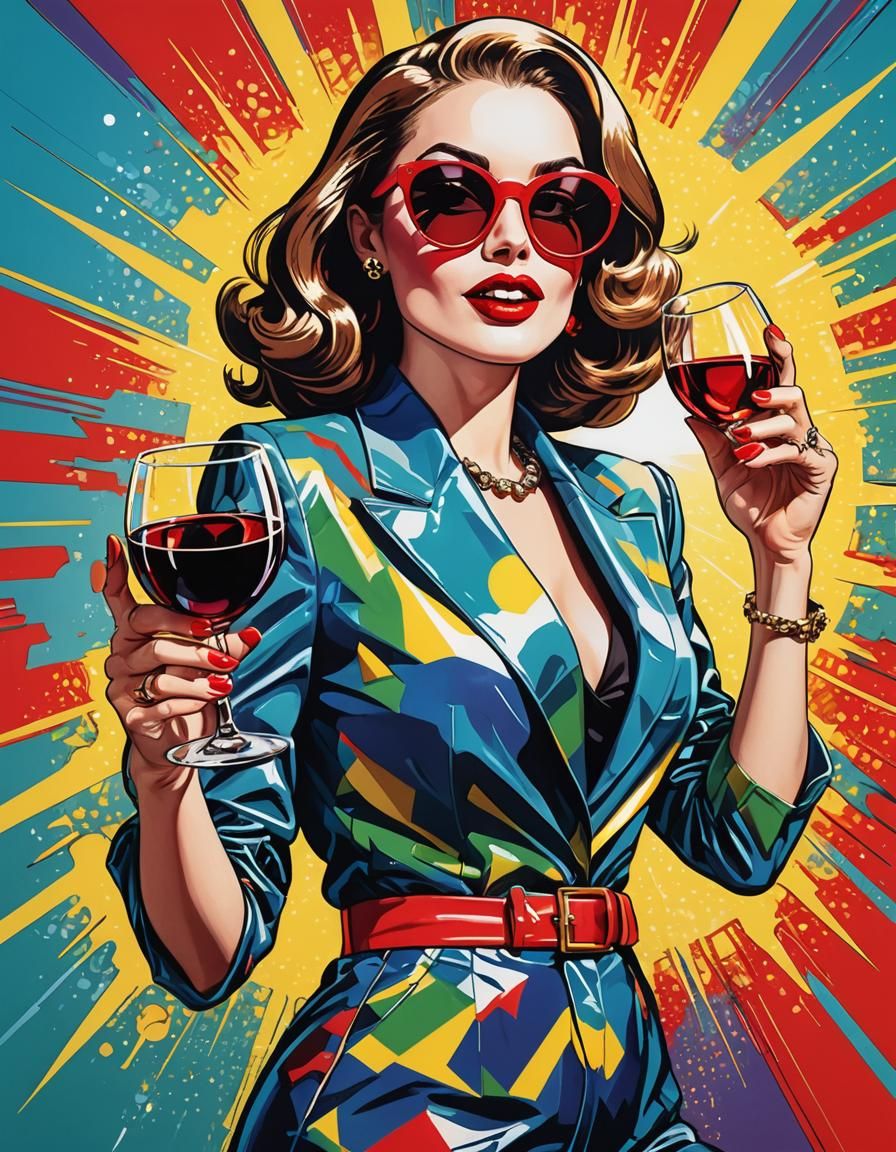 A bold pop art-inspired portrait of a glamorous woman with exaggerated features and vivid colors. Her bright red lips and oversized sunglass...