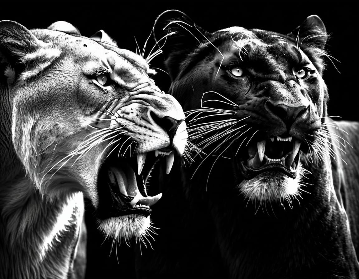 Majestic Lion and Black Panther Confrontation in High-Key Li...