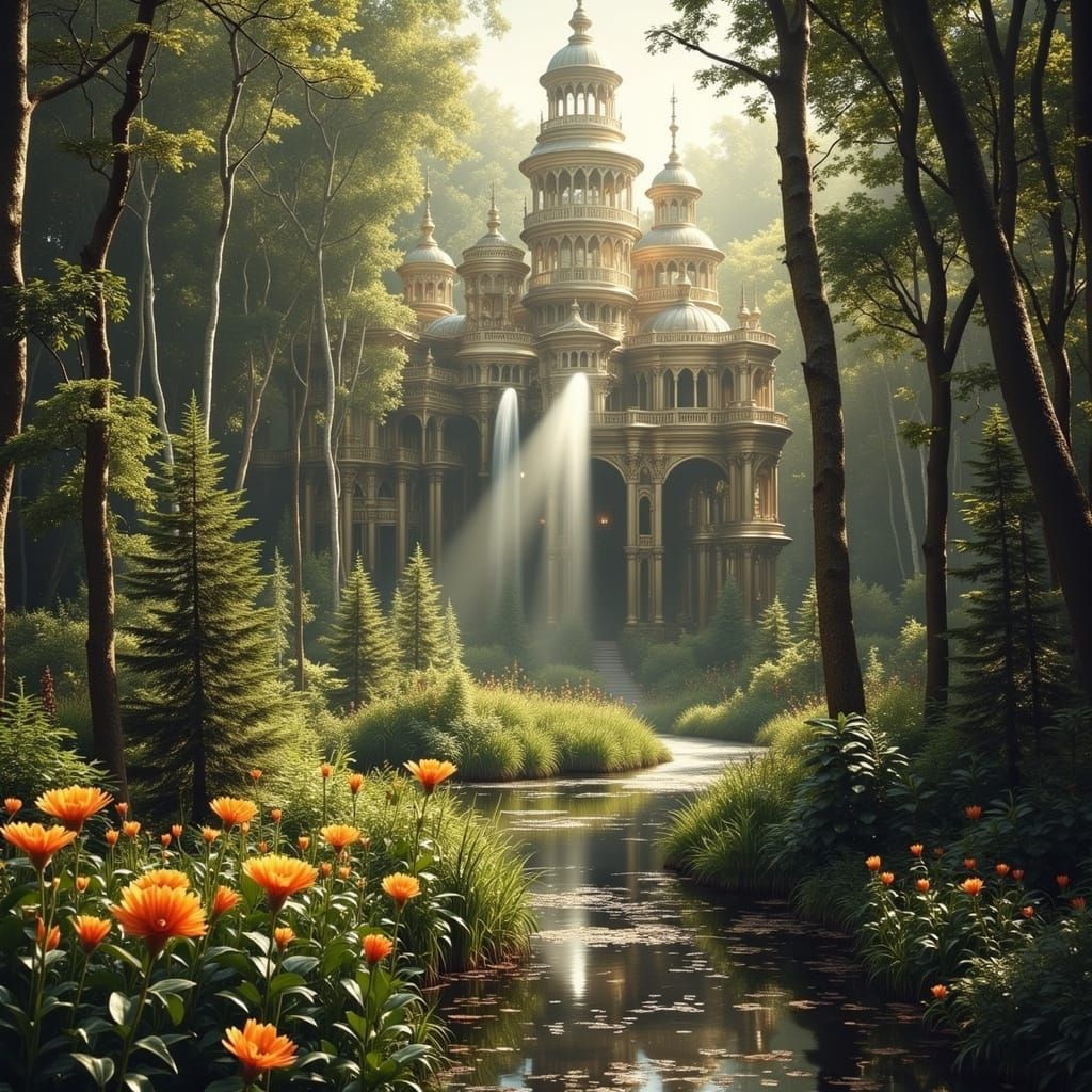 <lora:Detailed realism:1.0> <lora:Exquisite Flux:1.0> Immense, fantastical Palace of The Tiger Women in a jungle clearing.