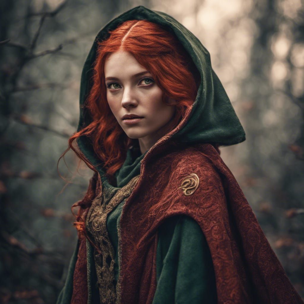 Portrait of an elf girl with red hair wearing wearing a cloak - AI ...