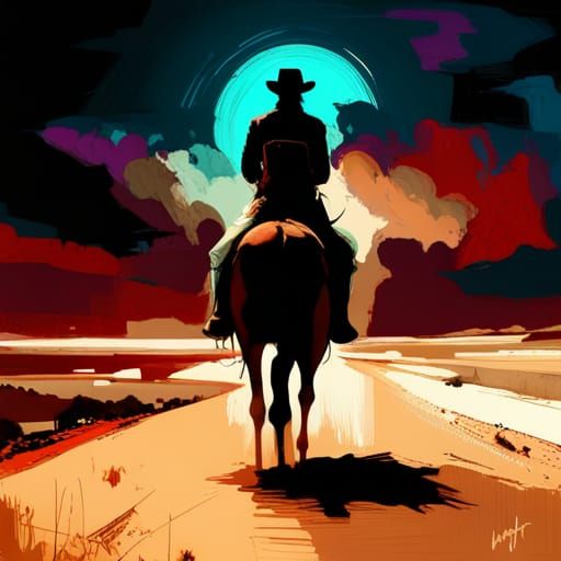 Dark figure of a cowboy on a horse  by @Tiny Pearl Cat